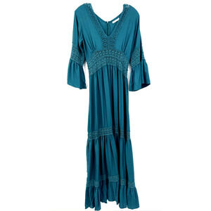 Indah Womens S Green Teal Tiered Maxi Peasant Style Dress Crochet Details